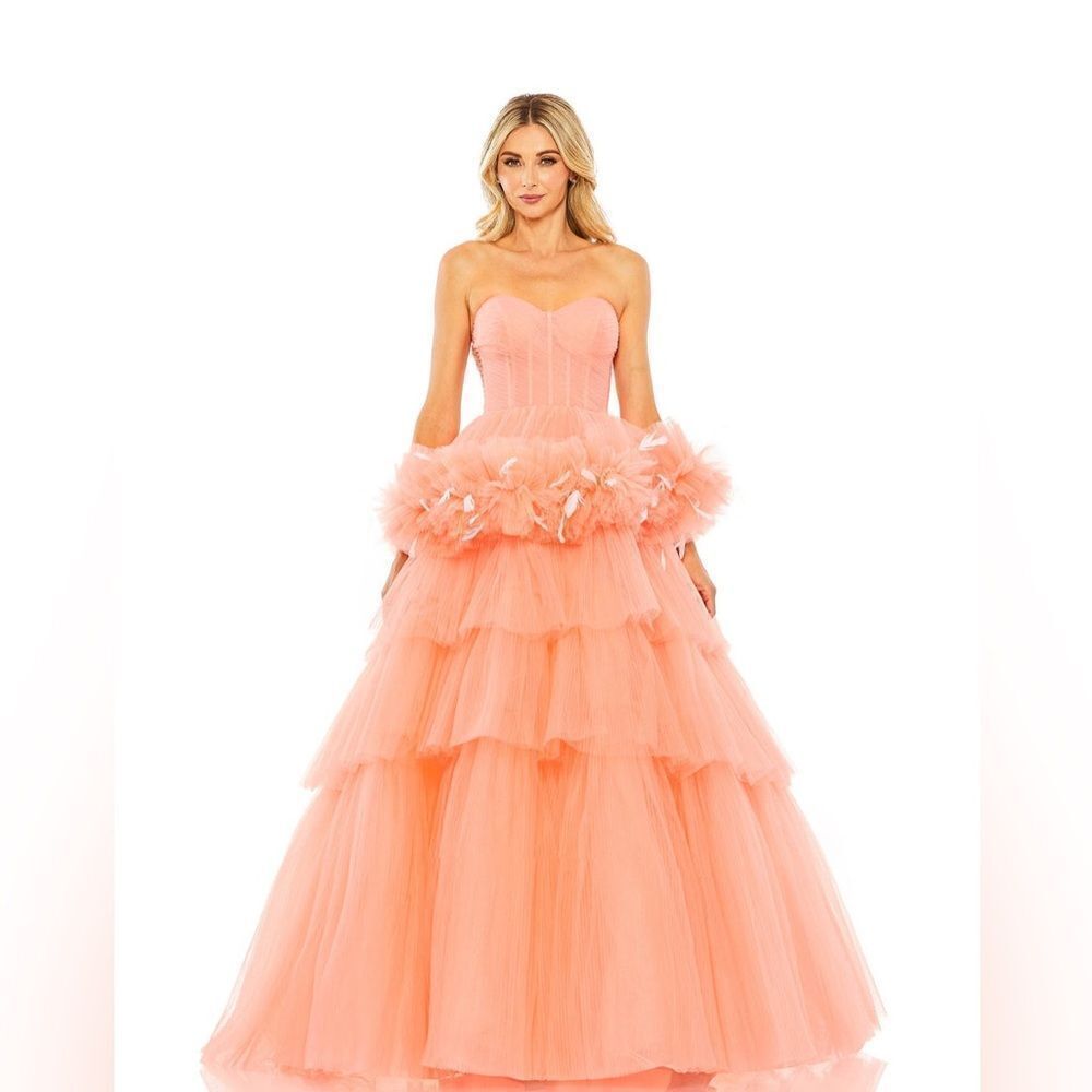 Mac Duggal Strapless Tulle Gown With Feather Detail In Coral 20572 / size 8